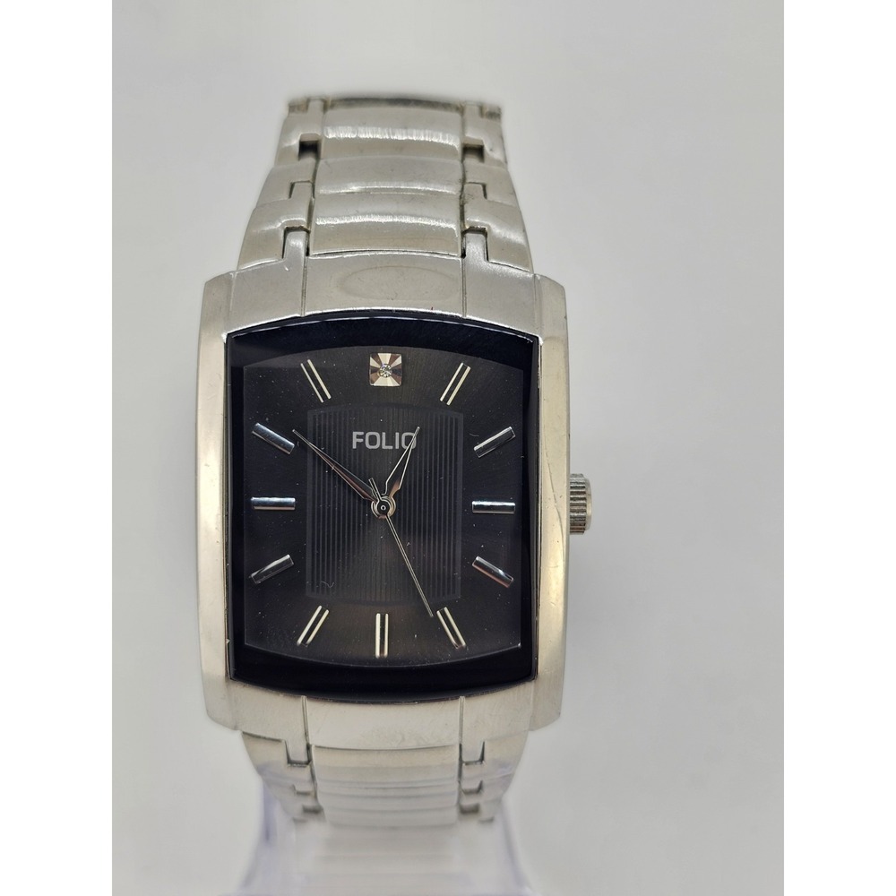 Folio Men's Diamond Watch 35MM Black Dial‎ Gray Bracelet Band 7" New Battery